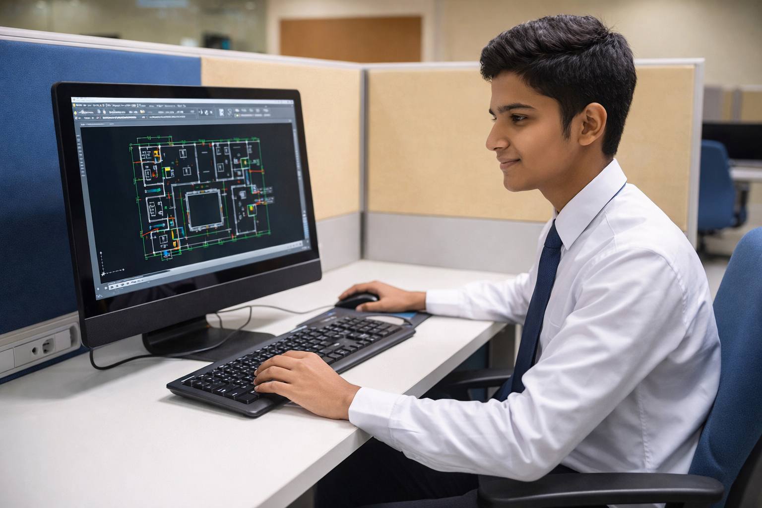 CAD learner at a workstation