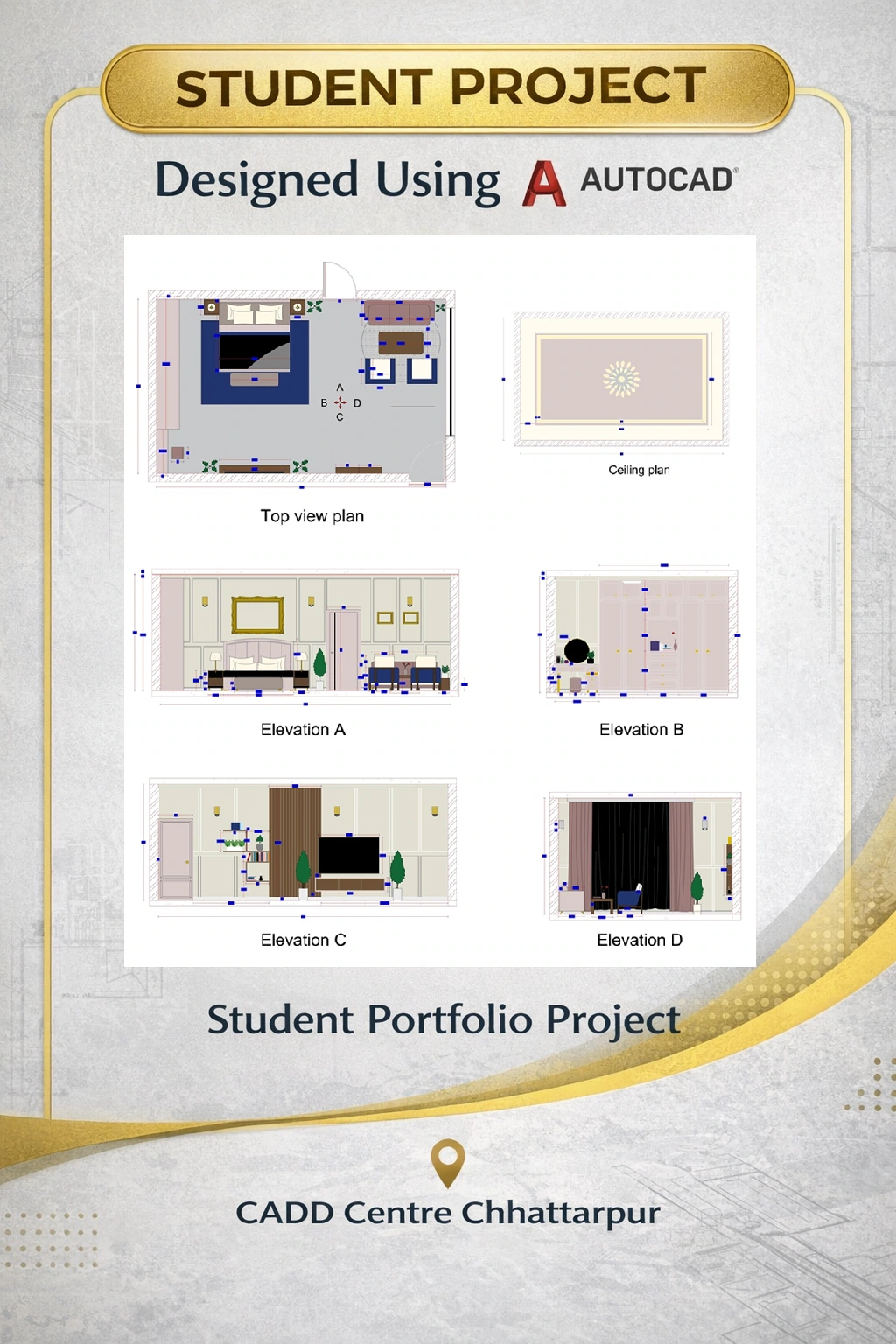 Room interior — plan, ceiling layout and elevations